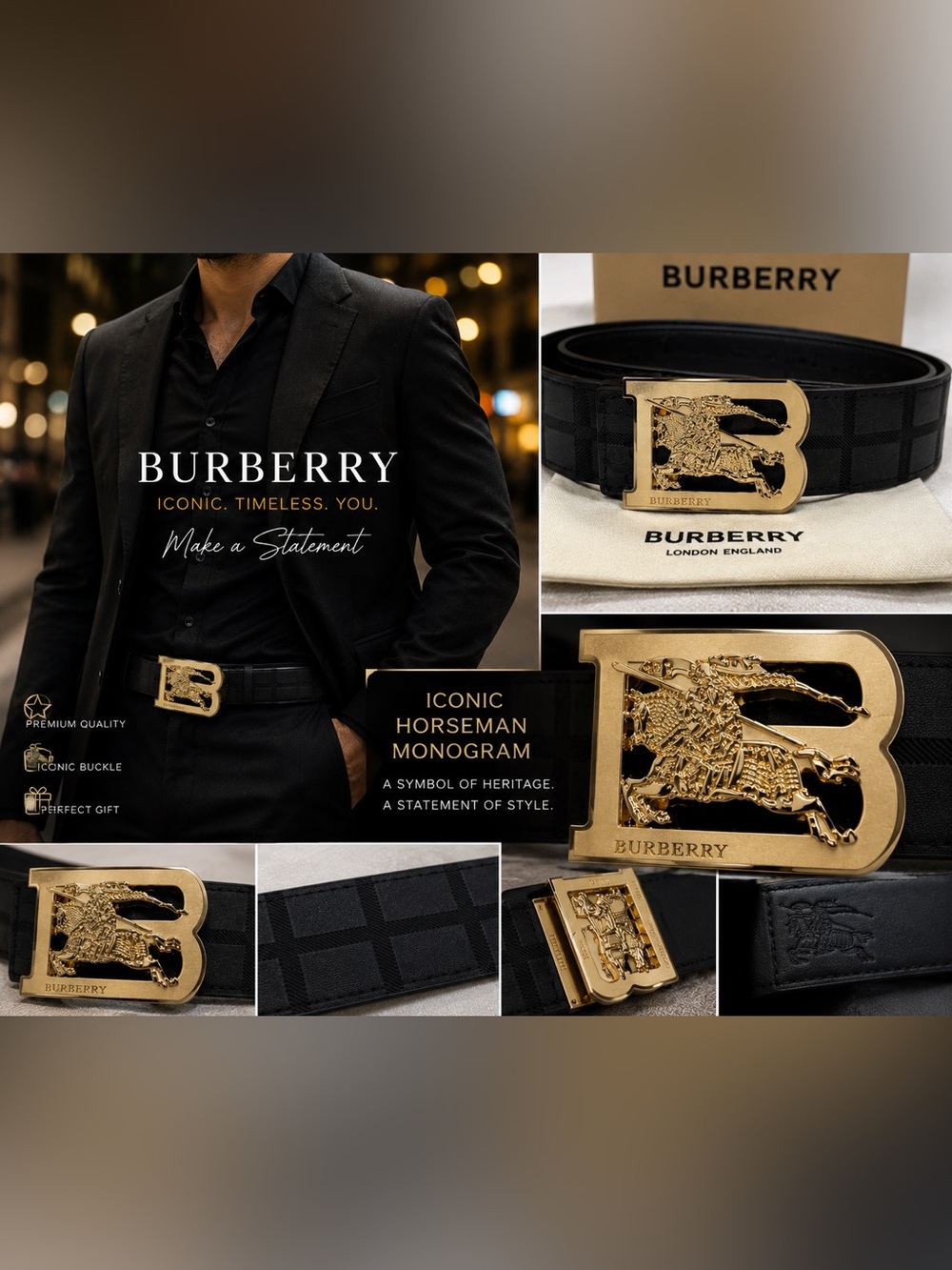 Burberry Black Leather Belt with Gold 'B' Equestrian Buckle